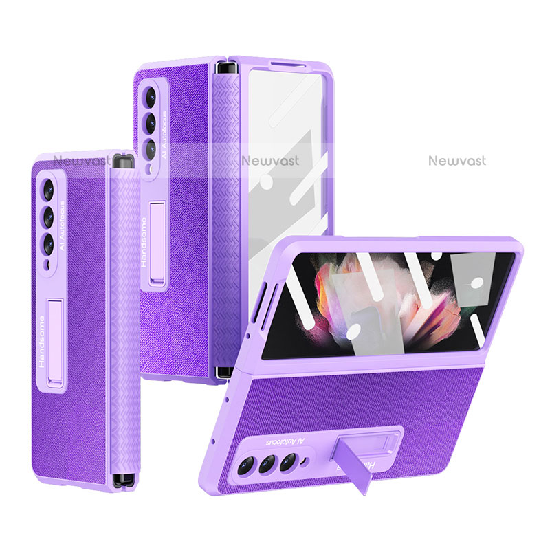 Luxury Leather Matte Finish and Plastic Back Cover Case R09 for Samsung Galaxy Z Fold3 5G Purple