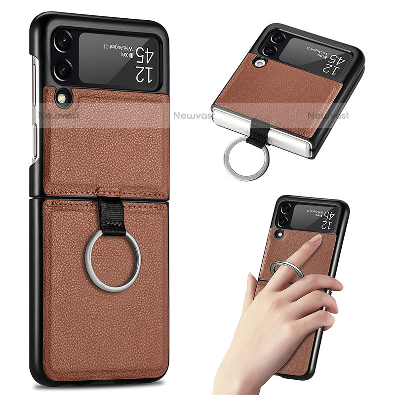 Luxury Leather Matte Finish and Plastic Back Cover Case S01 for Samsung Galaxy Z Flip3 5G Brown