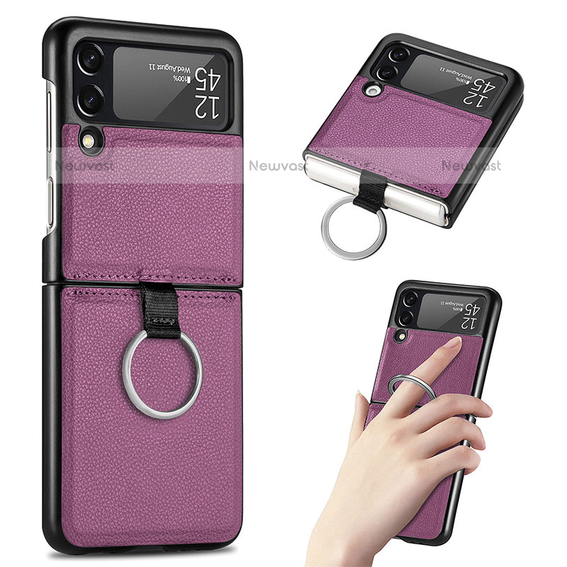 Luxury Leather Matte Finish and Plastic Back Cover Case S01 for Samsung Galaxy Z Flip3 5G Purple