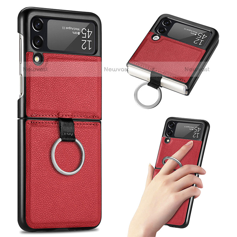 Luxury Leather Matte Finish and Plastic Back Cover Case S01 for Samsung Galaxy Z Flip3 5G Red