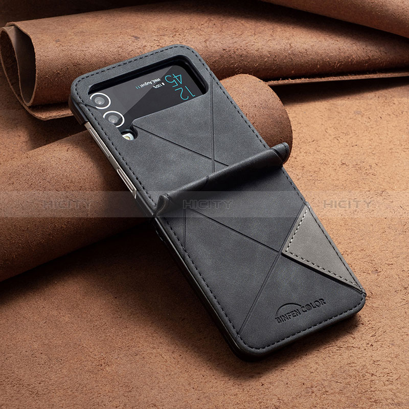 Luxury Leather Matte Finish and Plastic Back Cover Case S01 for Samsung Galaxy Z Flip4 5G Black