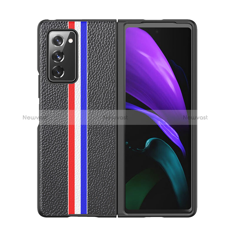 Luxury Leather Matte Finish and Plastic Back Cover Case S01 for Samsung Galaxy Z Fold2 5G Black