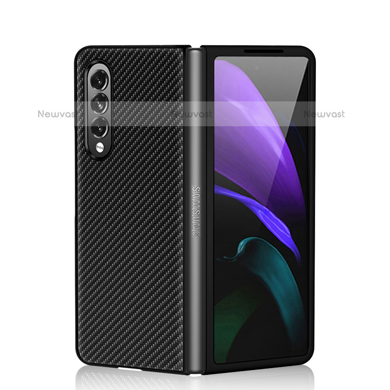 Luxury Leather Matte Finish and Plastic Back Cover Case S01 for Samsung Galaxy Z Fold3 5G Black