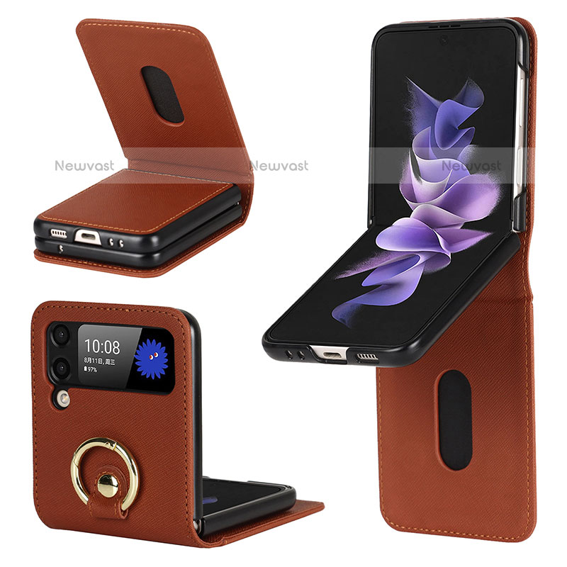 Luxury Leather Matte Finish and Plastic Back Cover Case S02 for Samsung Galaxy Z Flip3 5G Brown