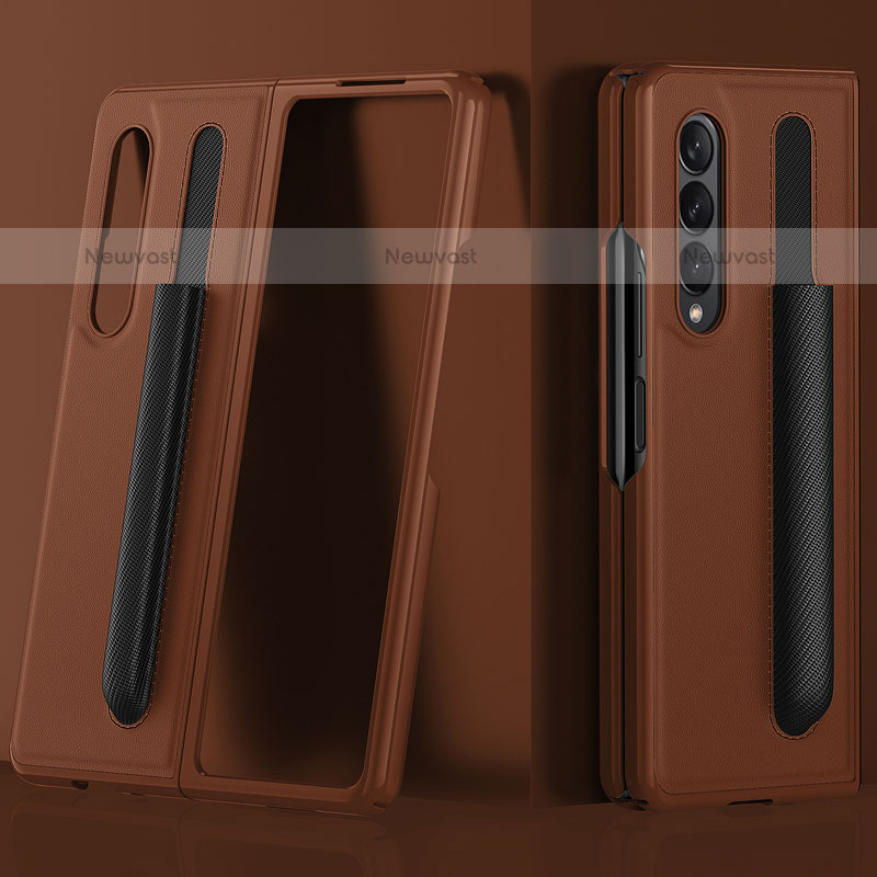 Luxury Leather Matte Finish and Plastic Back Cover Case S02 for Samsung Galaxy Z Fold3 5G Brown