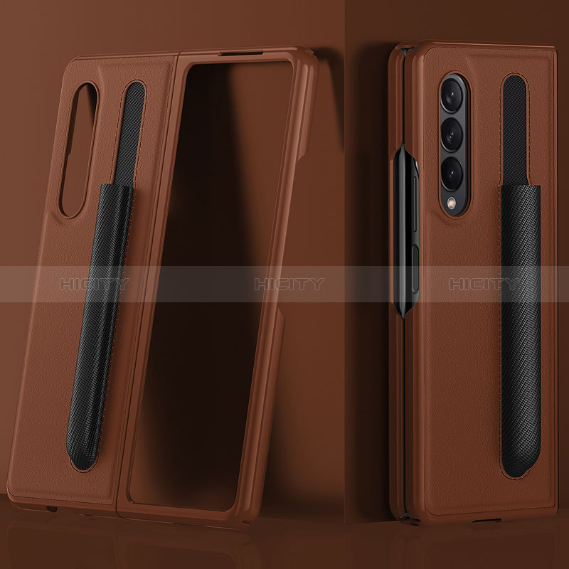 Luxury Leather Matte Finish and Plastic Back Cover Case S02 for Samsung Galaxy Z Fold4 5G Brown