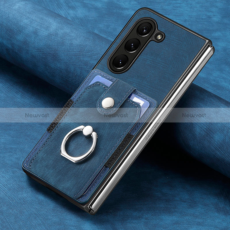 Luxury Leather Matte Finish and Plastic Back Cover Case S02D for Samsung Galaxy Z Fold5 5G Blue