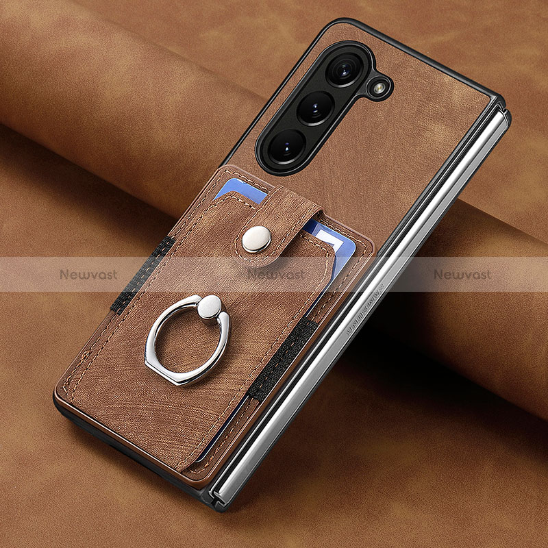 Luxury Leather Matte Finish and Plastic Back Cover Case S02D for Samsung Galaxy Z Fold5 5G Brown