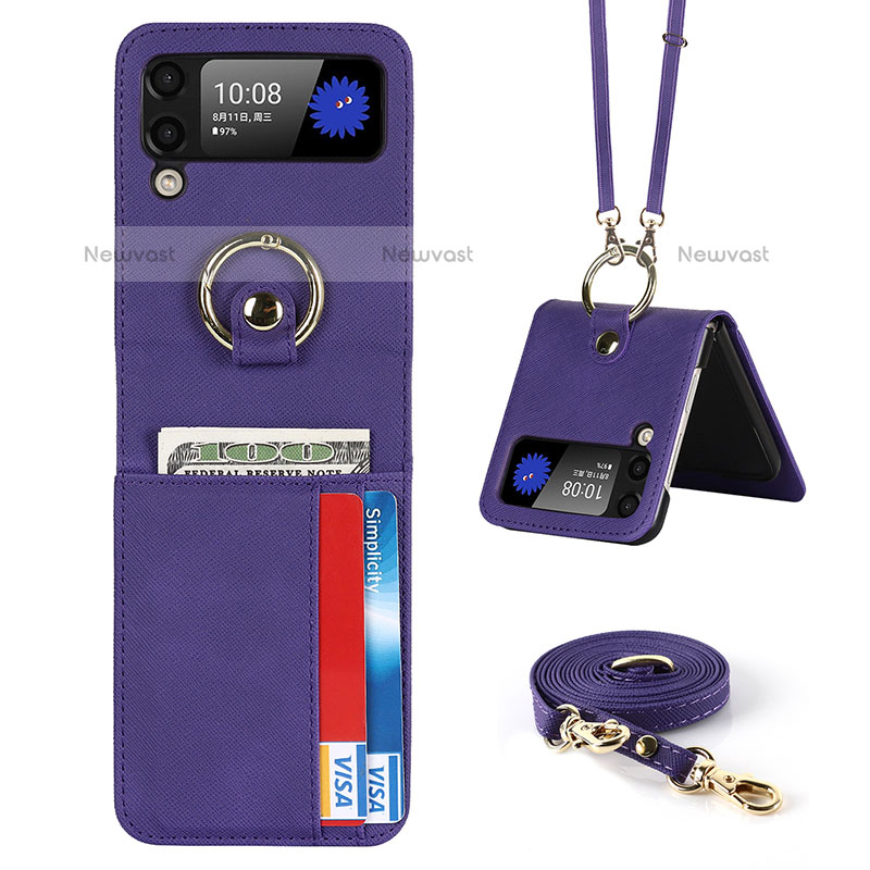 Luxury Leather Matte Finish and Plastic Back Cover Case S03 for Samsung Galaxy Z Flip3 5G Purple