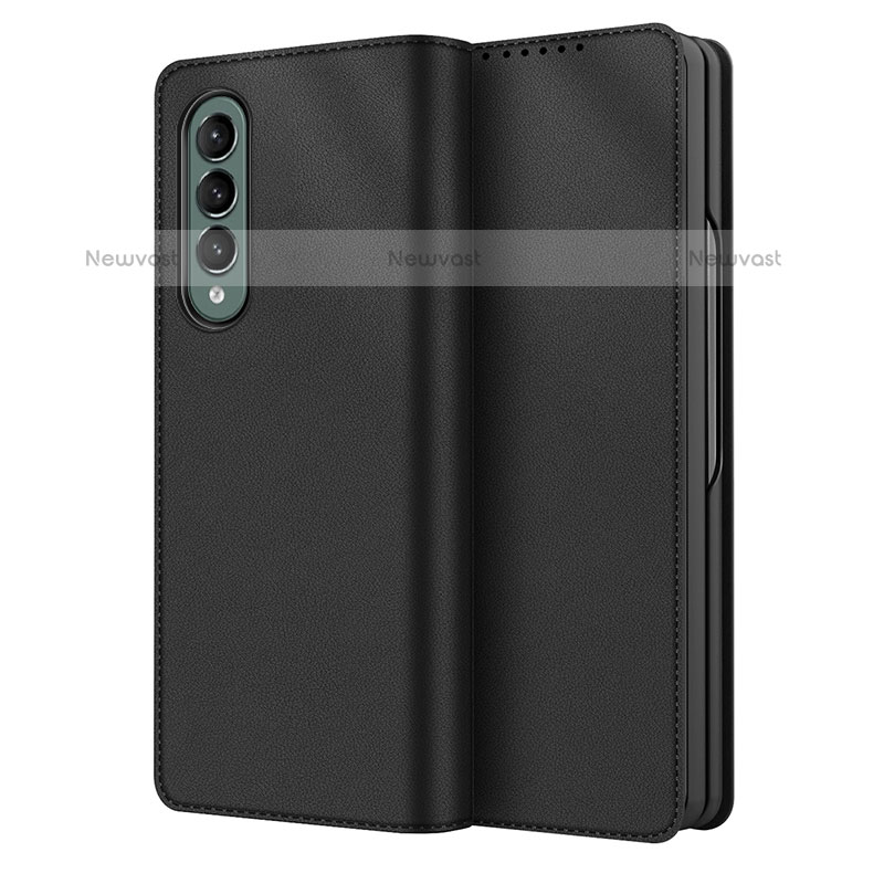 Luxury Leather Matte Finish and Plastic Back Cover Case S03 for Samsung Galaxy Z Fold3 5G Black