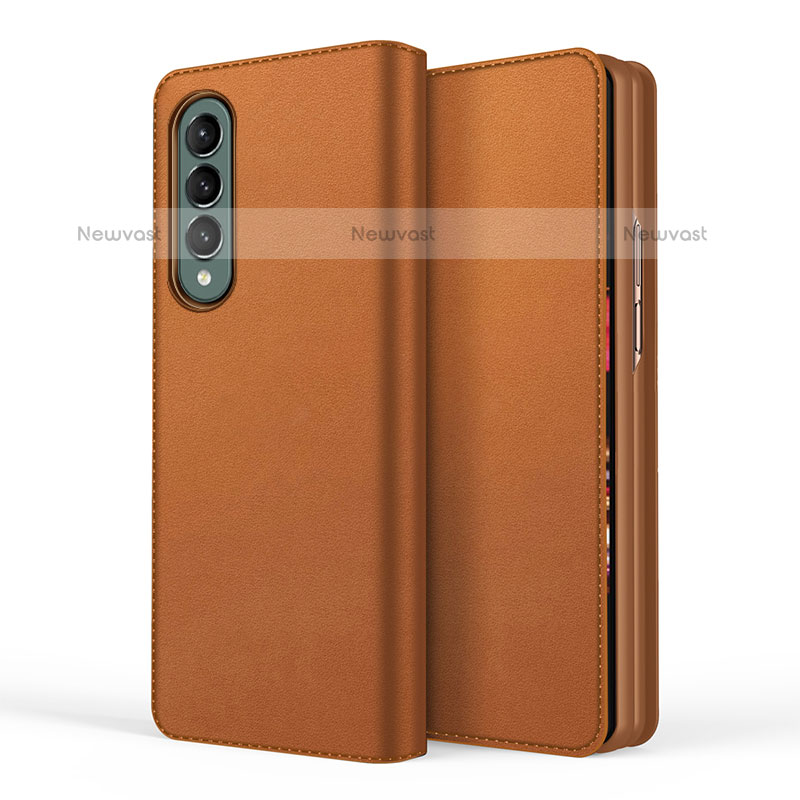 Luxury Leather Matte Finish and Plastic Back Cover Case S03 for Samsung Galaxy Z Fold3 5G Brown