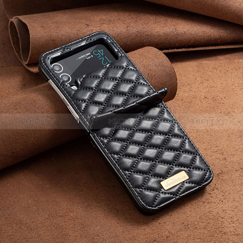 Luxury Leather Matte Finish and Plastic Back Cover Case S04 for Samsung Galaxy Z Flip4 5G Black