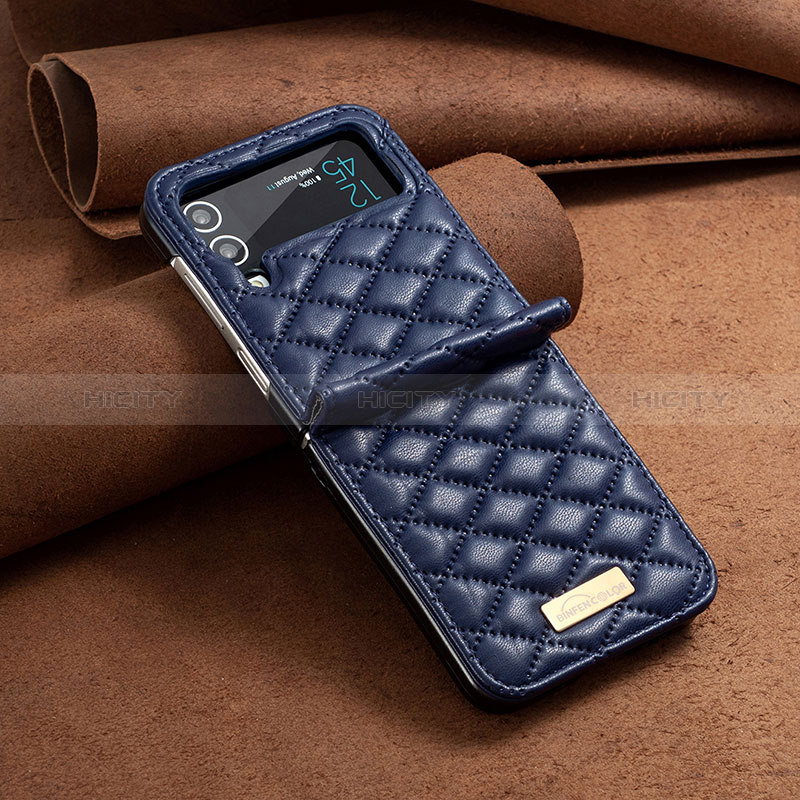 Luxury Leather Matte Finish and Plastic Back Cover Case S04 for Samsung Galaxy Z Flip4 5G Blue