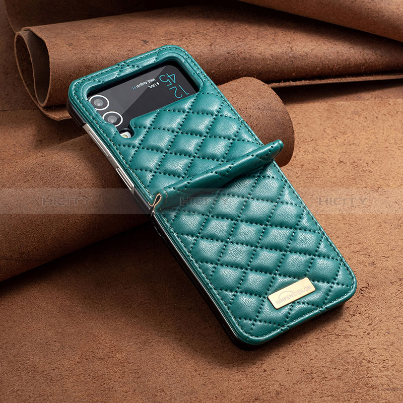 Luxury Leather Matte Finish and Plastic Back Cover Case S04 for Samsung Galaxy Z Flip4 5G Green