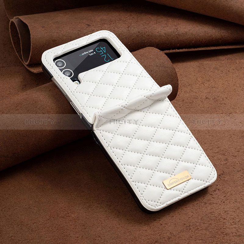 Luxury Leather Matte Finish and Plastic Back Cover Case S04 for Samsung Galaxy Z Flip4 5G White