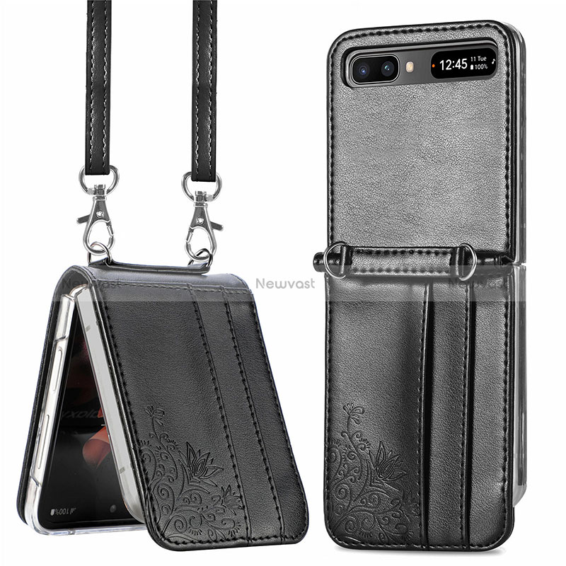 Luxury Leather Matte Finish and Plastic Back Cover Case S04D for Samsung Galaxy Z Flip5 5G Black