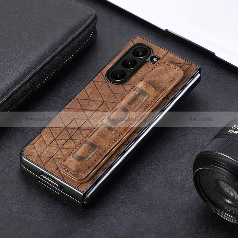 Luxury Leather Matte Finish and Plastic Back Cover Case S04D for Samsung Galaxy Z Fold5 5G Brown