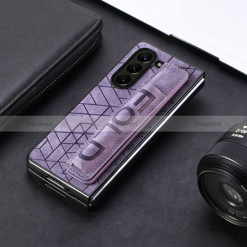 Luxury Leather Matte Finish and Plastic Back Cover Case S04D for Samsung Galaxy Z Fold5 5G Purple