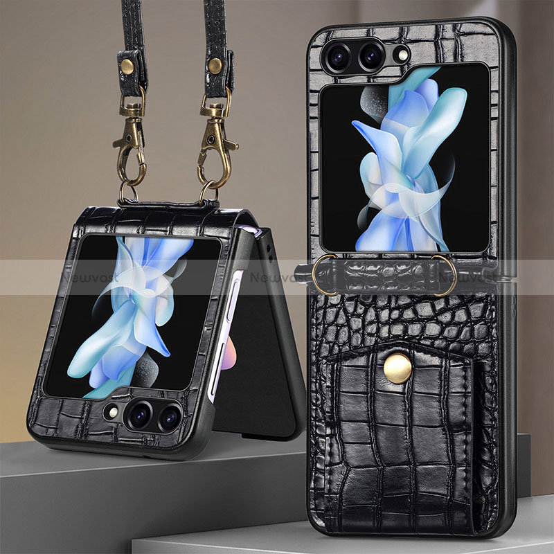 Luxury Leather Matte Finish and Plastic Back Cover Case S05D for Samsung Galaxy Z Flip5 5G