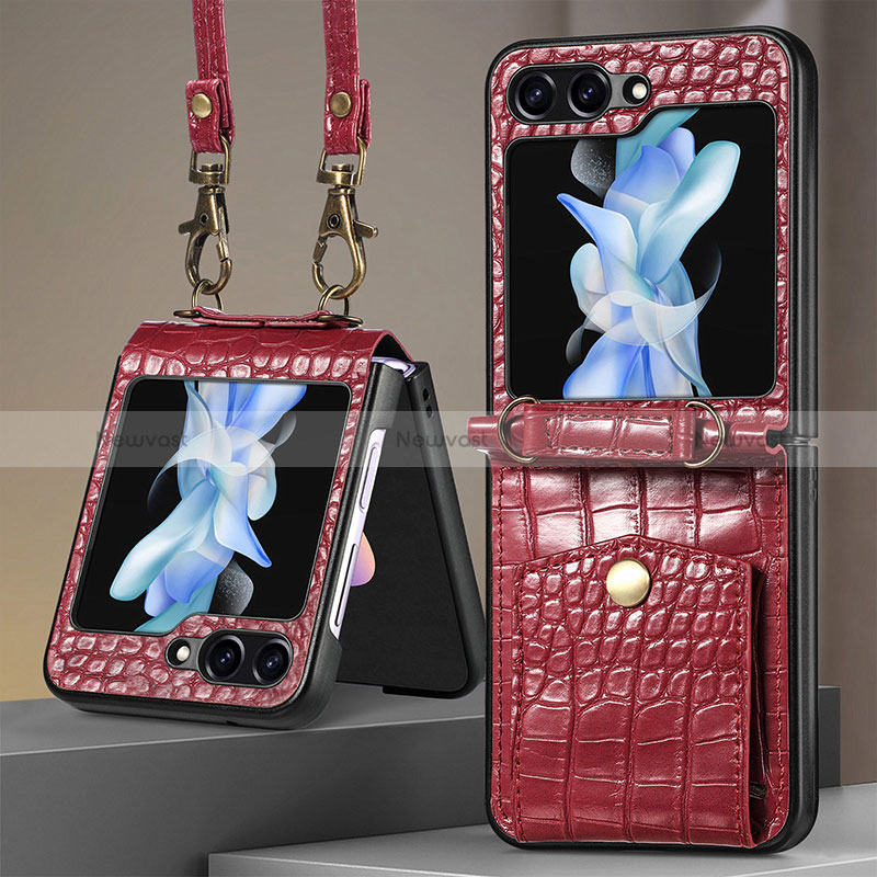 Luxury Leather Matte Finish and Plastic Back Cover Case S05D for Samsung Galaxy Z Flip5 5G Red