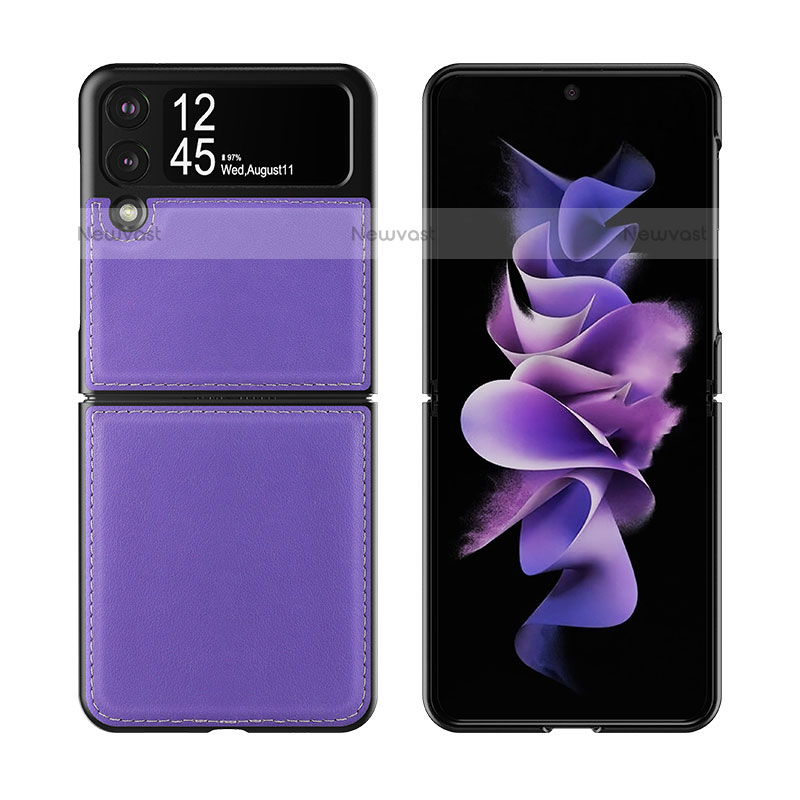 Luxury Leather Matte Finish and Plastic Back Cover Case S06 for Samsung Galaxy Z Flip3 5G Purple