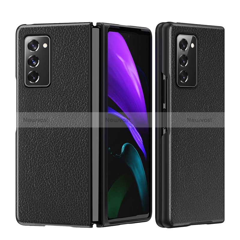 Luxury Leather Matte Finish and Plastic Back Cover Case S06 for Samsung Galaxy Z Fold2 5G Black