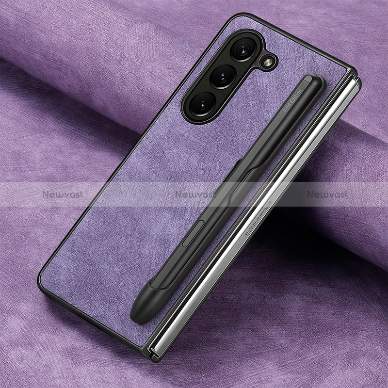 Luxury Leather Matte Finish and Plastic Back Cover Case S06D for Samsung Galaxy Z Fold5 5G Purple