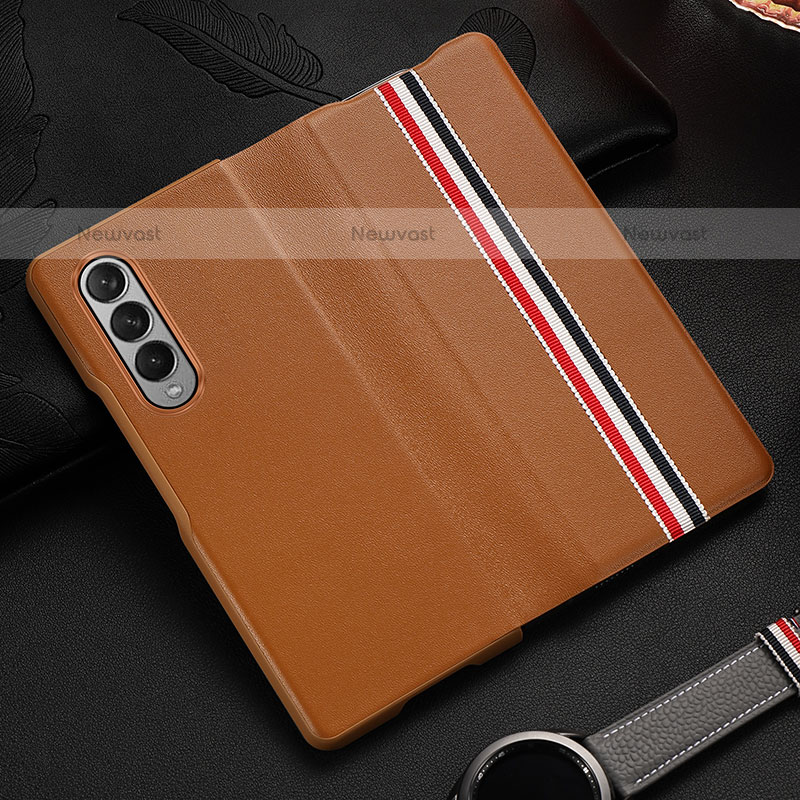 Luxury Leather Matte Finish and Plastic Back Cover Case S07 for Samsung Galaxy Z Fold3 5G Brown