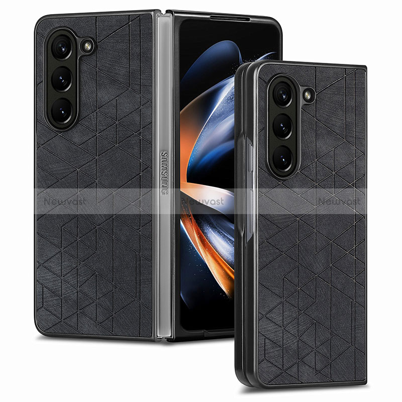 Luxury Leather Matte Finish and Plastic Back Cover Case S07D for Samsung Galaxy Z Fold5 5G Black