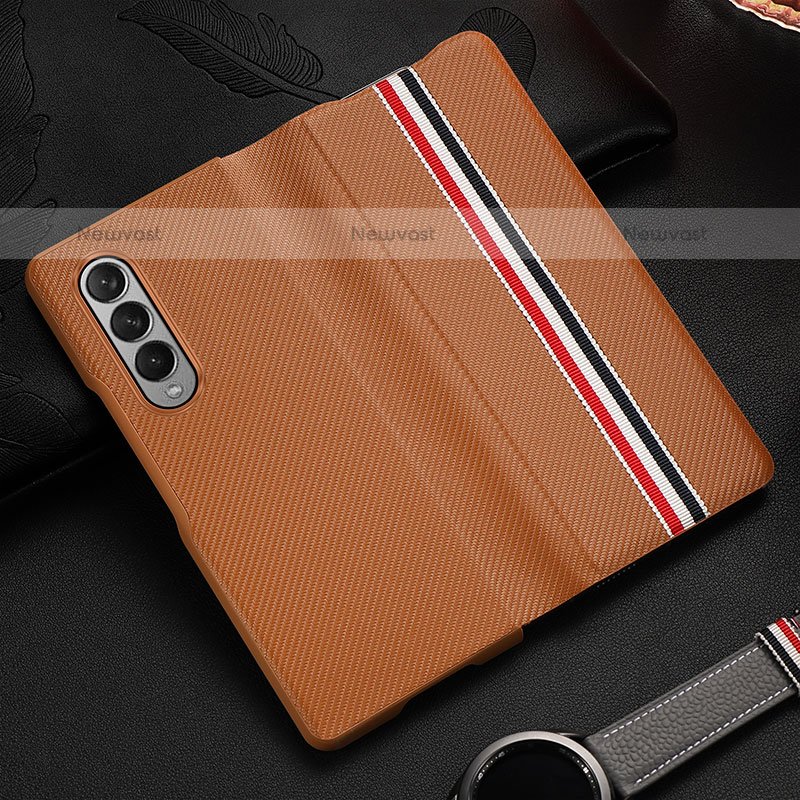 Luxury Leather Matte Finish and Plastic Back Cover Case S09 for Samsung Galaxy Z Fold3 5G Brown