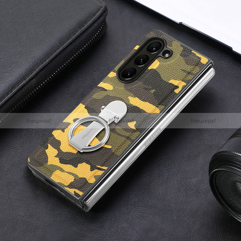 Luxury Leather Matte Finish and Plastic Back Cover Case S10D for Samsung Galaxy Z Fold5 5G Yellow