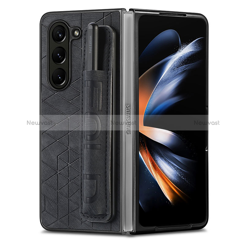 Luxury Leather Matte Finish and Plastic Back Cover Case S11D for Samsung Galaxy Z Fold5 5G Black