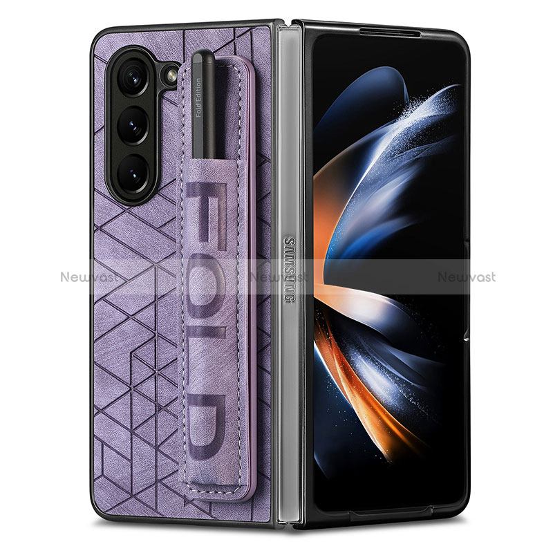 Luxury Leather Matte Finish and Plastic Back Cover Case S11D for Samsung Galaxy Z Fold5 5G Purple