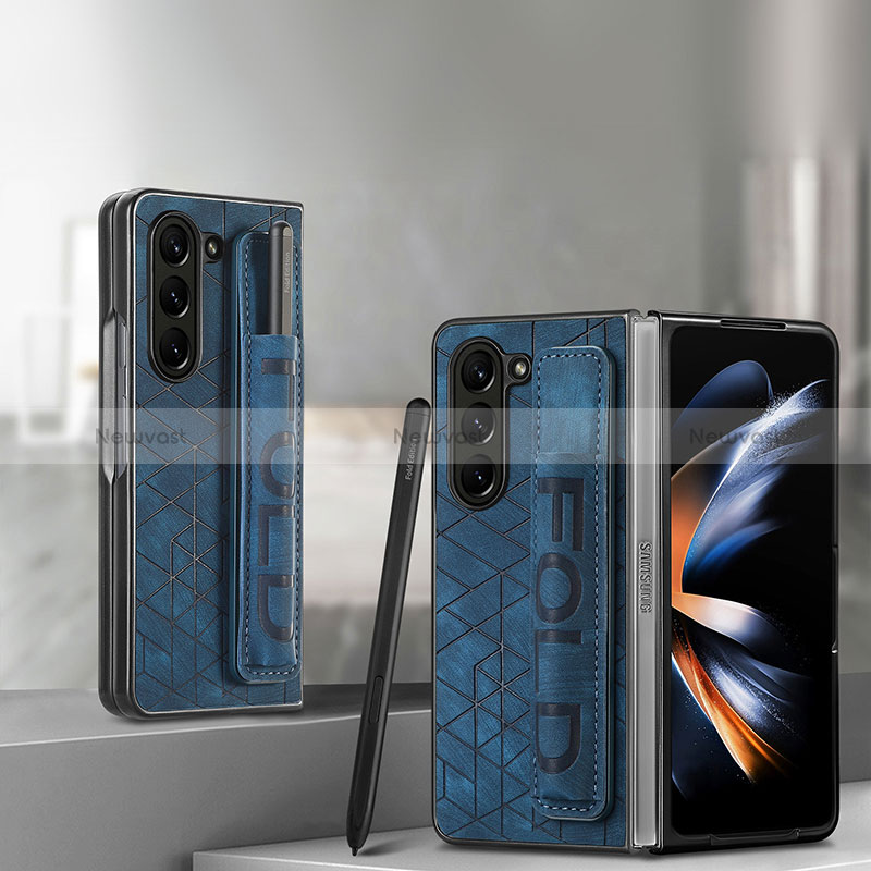 Luxury Leather Matte Finish and Plastic Back Cover Case S12D for Samsung Galaxy Z Fold5 5G Blue