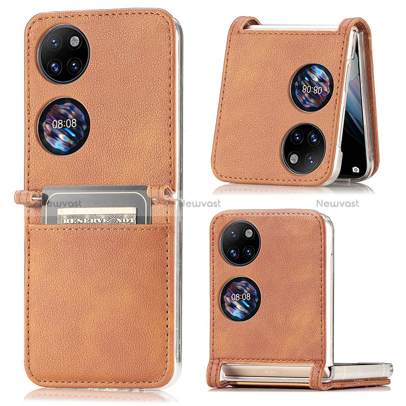 Luxury Leather Matte Finish and Plastic Back Cover Case SD1 for Huawei P50 Pocket Brown