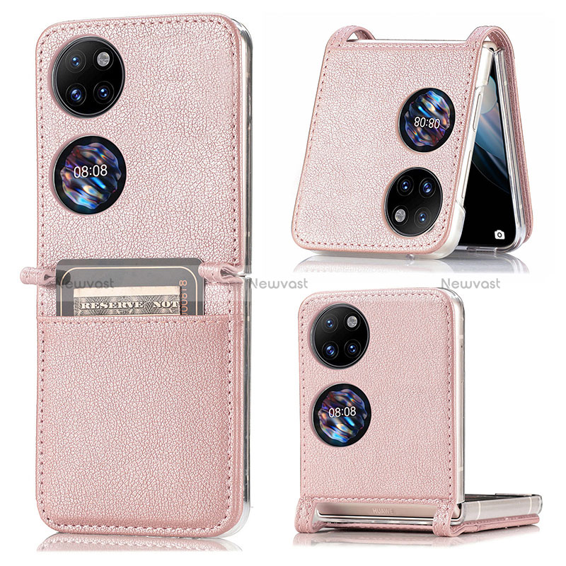 Luxury Leather Matte Finish and Plastic Back Cover Case SD1 for Huawei P50 Pocket Rose Gold