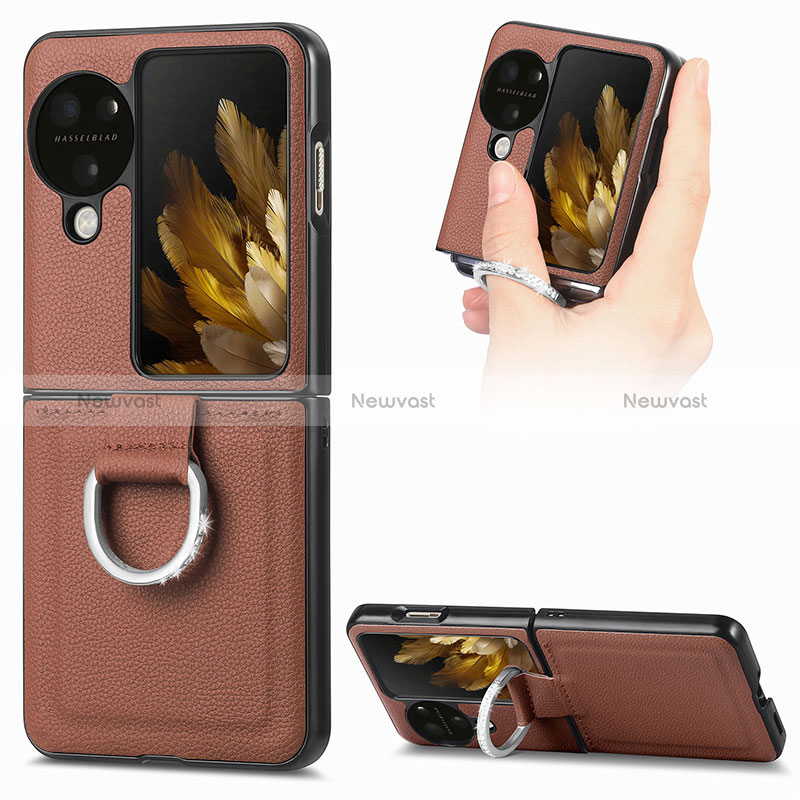 Luxury Leather Matte Finish and Plastic Back Cover Case SD1 for Oppo Find N3 Flip 5G Brown