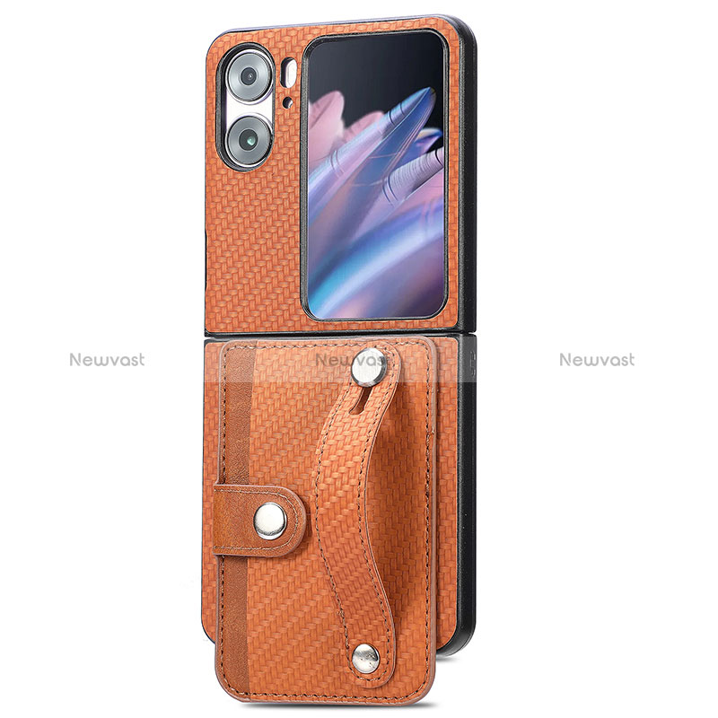 Luxury Leather Matte Finish and Plastic Back Cover Case SD10 for Oppo Find N2 Flip 5G Brown
