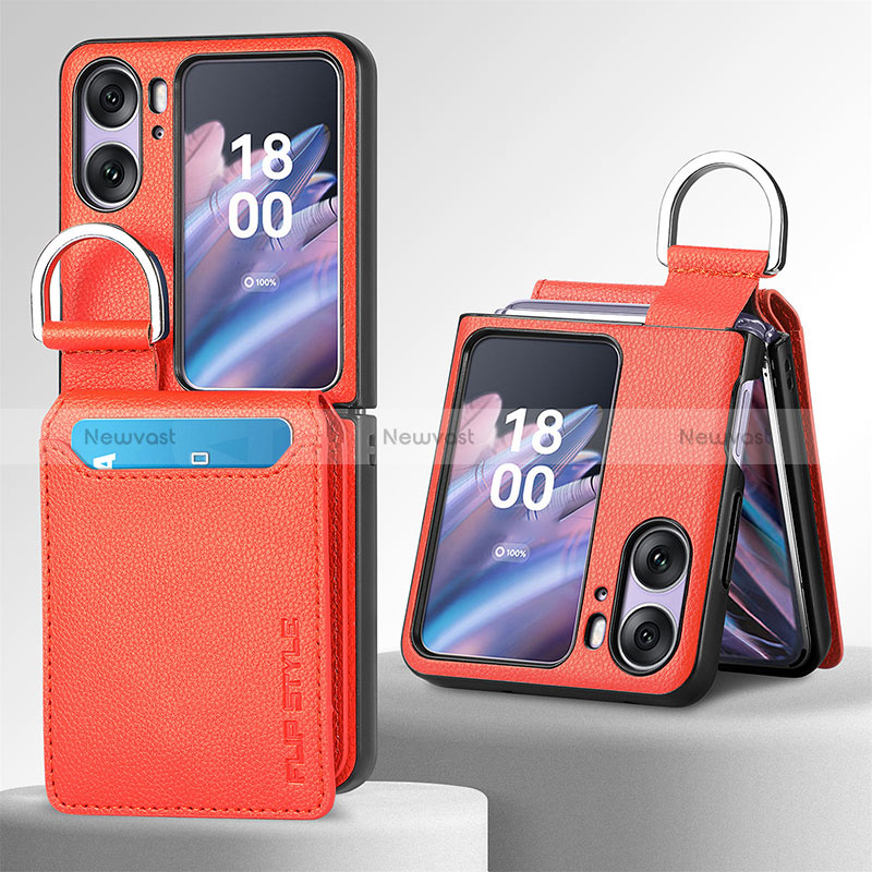Luxury Leather Matte Finish and Plastic Back Cover Case SD12 for Oppo Find N2 Flip 5G Orange