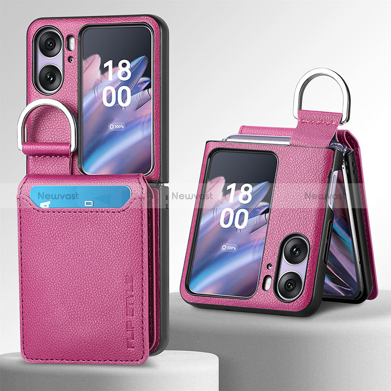 Luxury Leather Matte Finish and Plastic Back Cover Case SD12 for Oppo Find N2 Flip 5G Purple