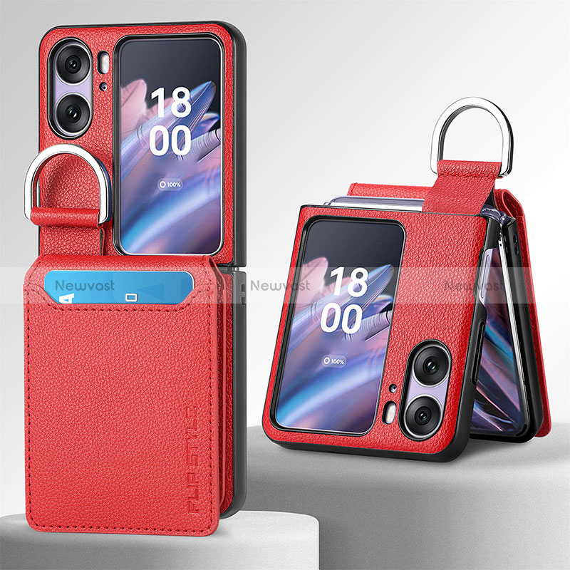 Luxury Leather Matte Finish and Plastic Back Cover Case SD12 for Oppo Find N2 Flip 5G Red