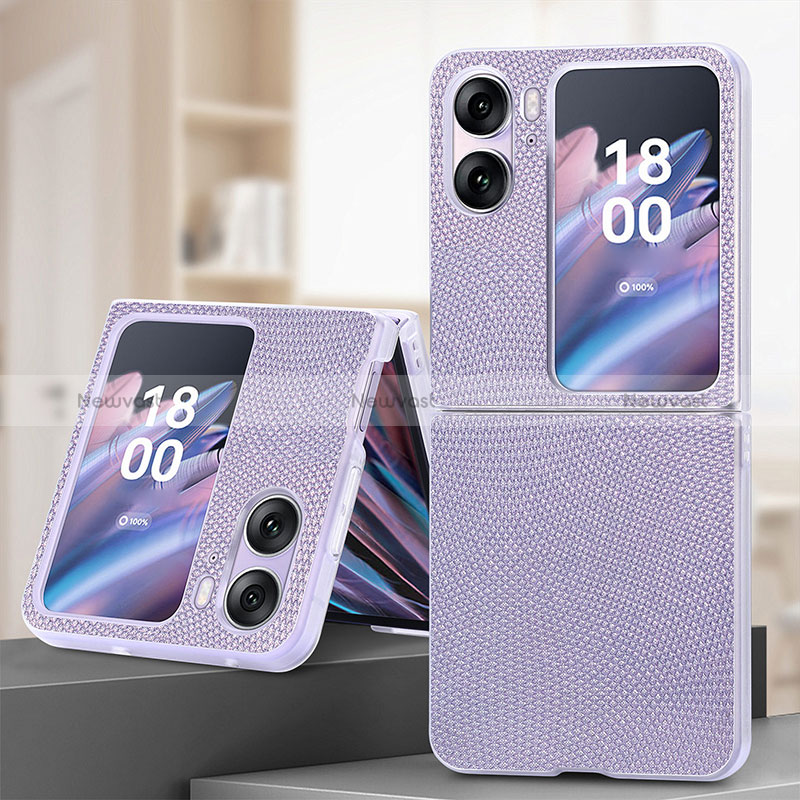 Luxury Leather Matte Finish and Plastic Back Cover Case SD2 for Oppo Find N2 Flip 5G Clove Purple