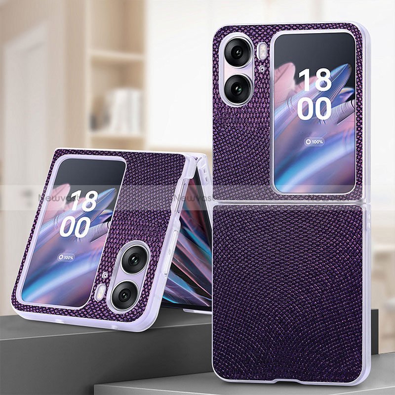 Luxury Leather Matte Finish and Plastic Back Cover Case SD2 for Oppo Find N2 Flip 5G Purple