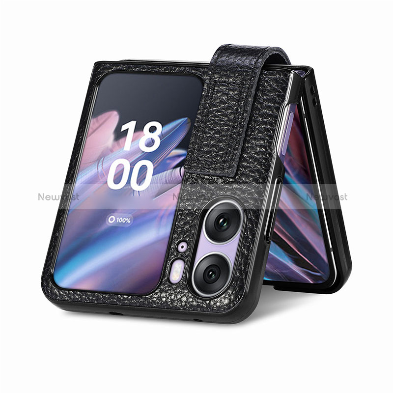 Luxury Leather Matte Finish and Plastic Back Cover Case SD3 for Oppo Find N2 Flip 5G Black