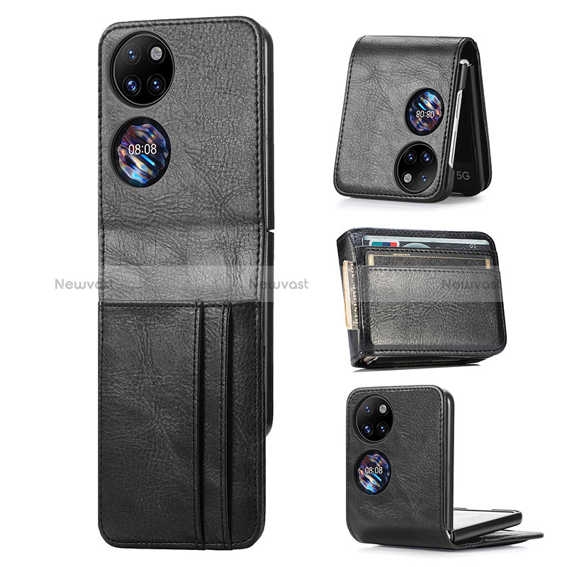 Luxury Leather Matte Finish and Plastic Back Cover Case SD4 for Huawei P50 Pocket Black