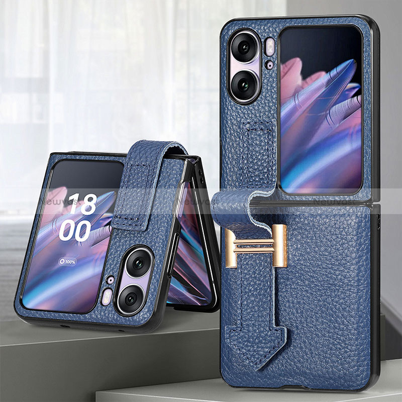 Luxury Leather Matte Finish and Plastic Back Cover Case SD4 for Oppo Find N2 Flip 5G Blue