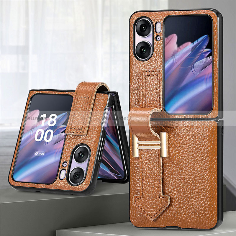 Luxury Leather Matte Finish and Plastic Back Cover Case SD4 for Oppo Find N2 Flip 5G Brown