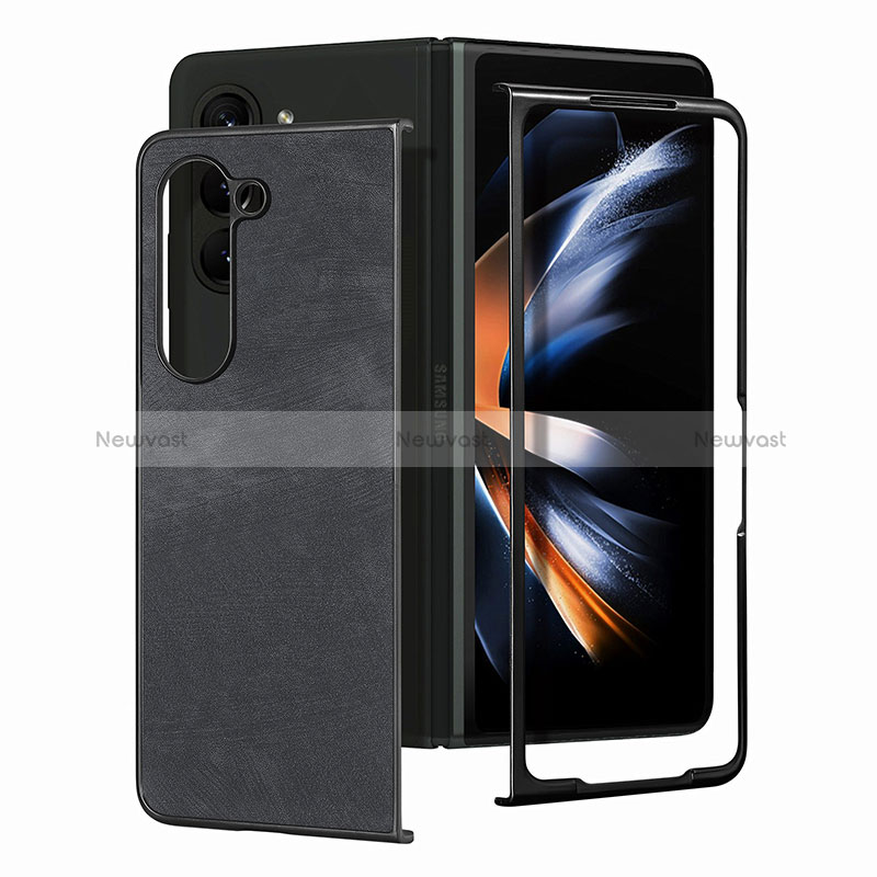 Luxury Leather Matte Finish and Plastic Back Cover Case SD4 for Samsung Galaxy Z Fold5 5G Black