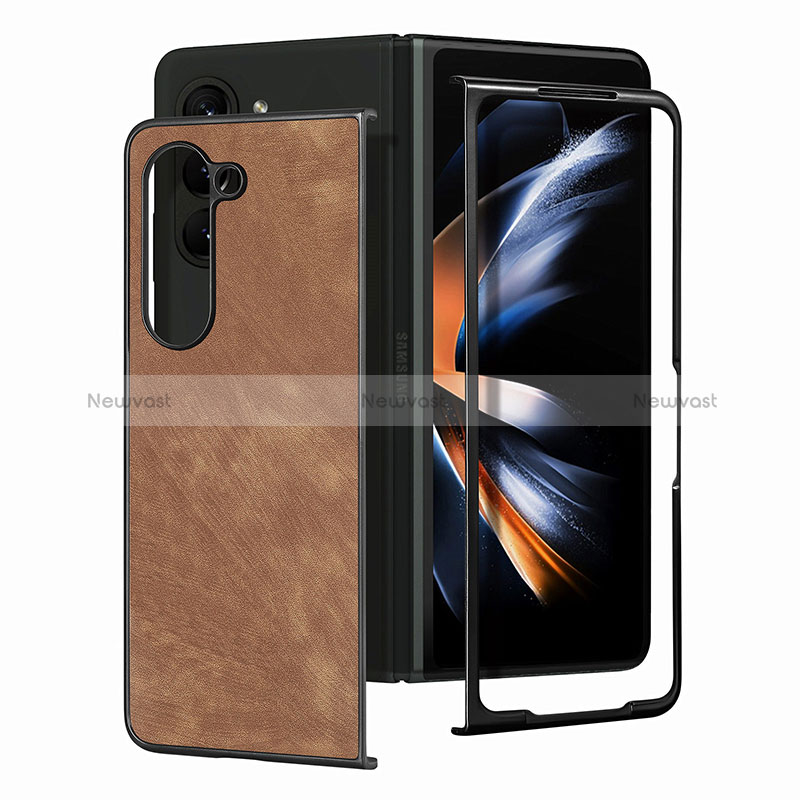 Luxury Leather Matte Finish and Plastic Back Cover Case SD4 for Samsung Galaxy Z Fold5 5G Brown