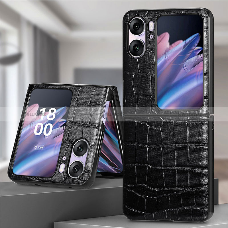 Luxury Leather Matte Finish and Plastic Back Cover Case SD5 for Oppo Find N2 Flip 5G Black